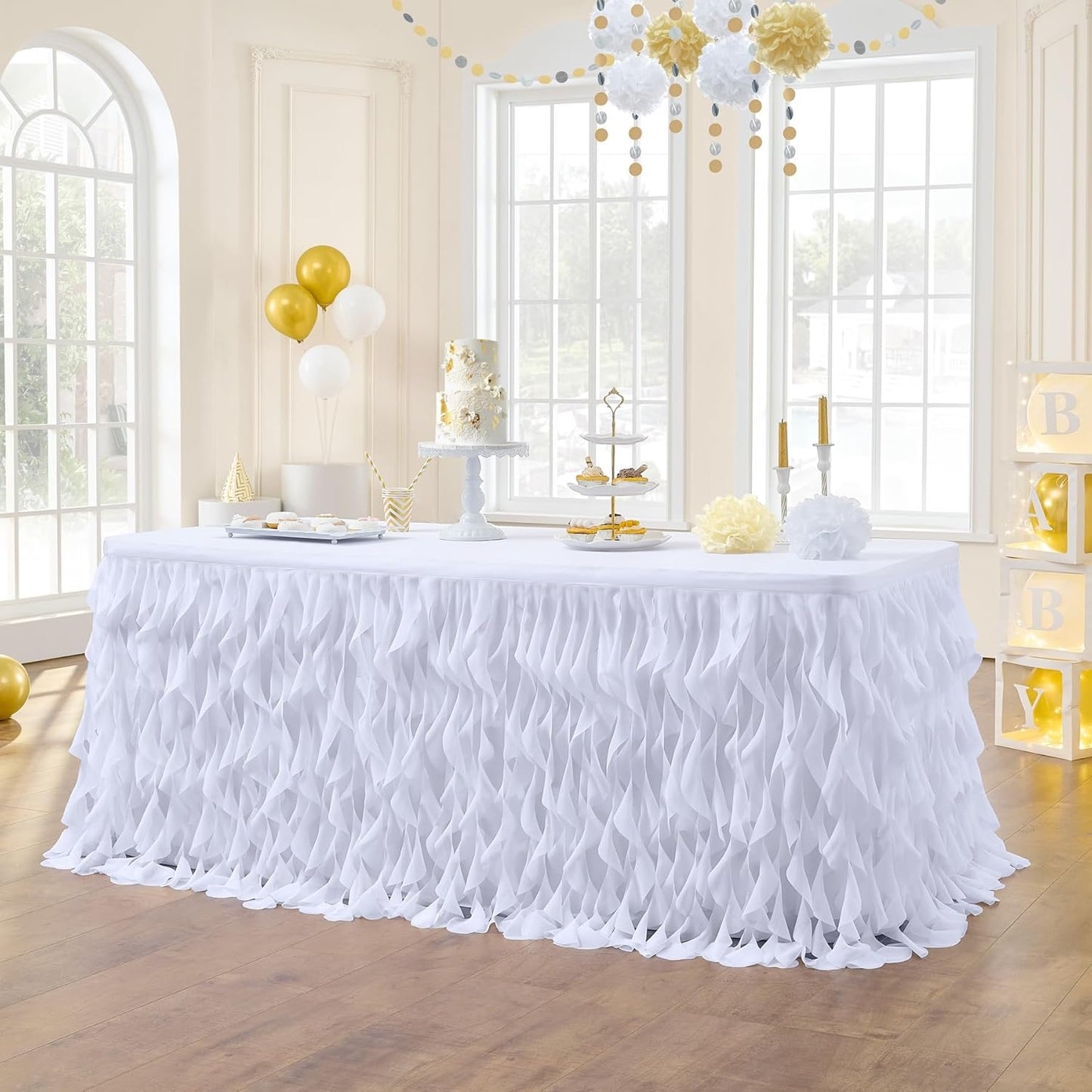 leegleri 6FT Tulle Ruffle Curly Willow Table Skirt for Rectangle or Round Tables, Under The Sea Ocean Blue Baby Shark Themed Tutu Table Skirt for Baby Shower, Birthday Party