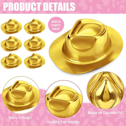 Handepo 48 Pcs Hats Party Metallic Colors Plastic Crazy Hats for Adults Cowboy Bulk Party Supplies Dress Costume Photo