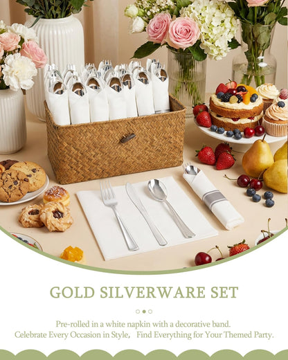 Supernal 240 Silver Plastic Silverware Set - 60 Sets Pre Rolled Napkins with Cutlery - Mirror Polished Real Look Disposable Silver Utensils- Elegant Heavy Duty Flatware for Weddings & Catering