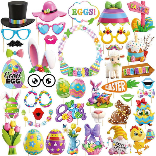 40pcs Happy Easter Photo Booth Props Photo Frame with Bunny Decorations for Spring Photography Easter Selfie Picture Props