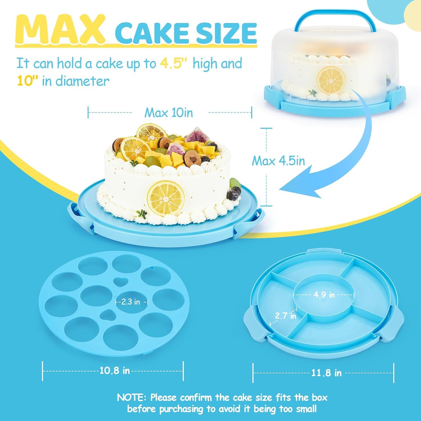 Cake Carrier with Lid and Handle, Ohuhu BPA-Free Cake Containers Cake Holder for 10 inch Cake with 2 Handle Cupcake Carrier - Plastic Cover Two Sided Base for Transport Pie Nut Fruit Mothers Day Gifts