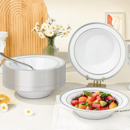 BESTVIP 100 Pack Plastic Bowls with Gold Rim, 12 oz Disposable Soup Bowls, Heavy-duty Dessert Salad Bowl for Party, Wedding, Christmas, Dinner, Catering