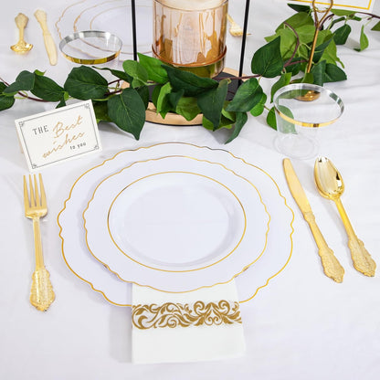 350 Pieces Black and Gold Plastic Plates with Disposable Silverware, Include 50 Dinner Plates 9”, 50 Dessert Plates 6.3”, 50 Black Cups 9 OZ, 50 Pre Rolled Napkins for Wedding Party Graduation