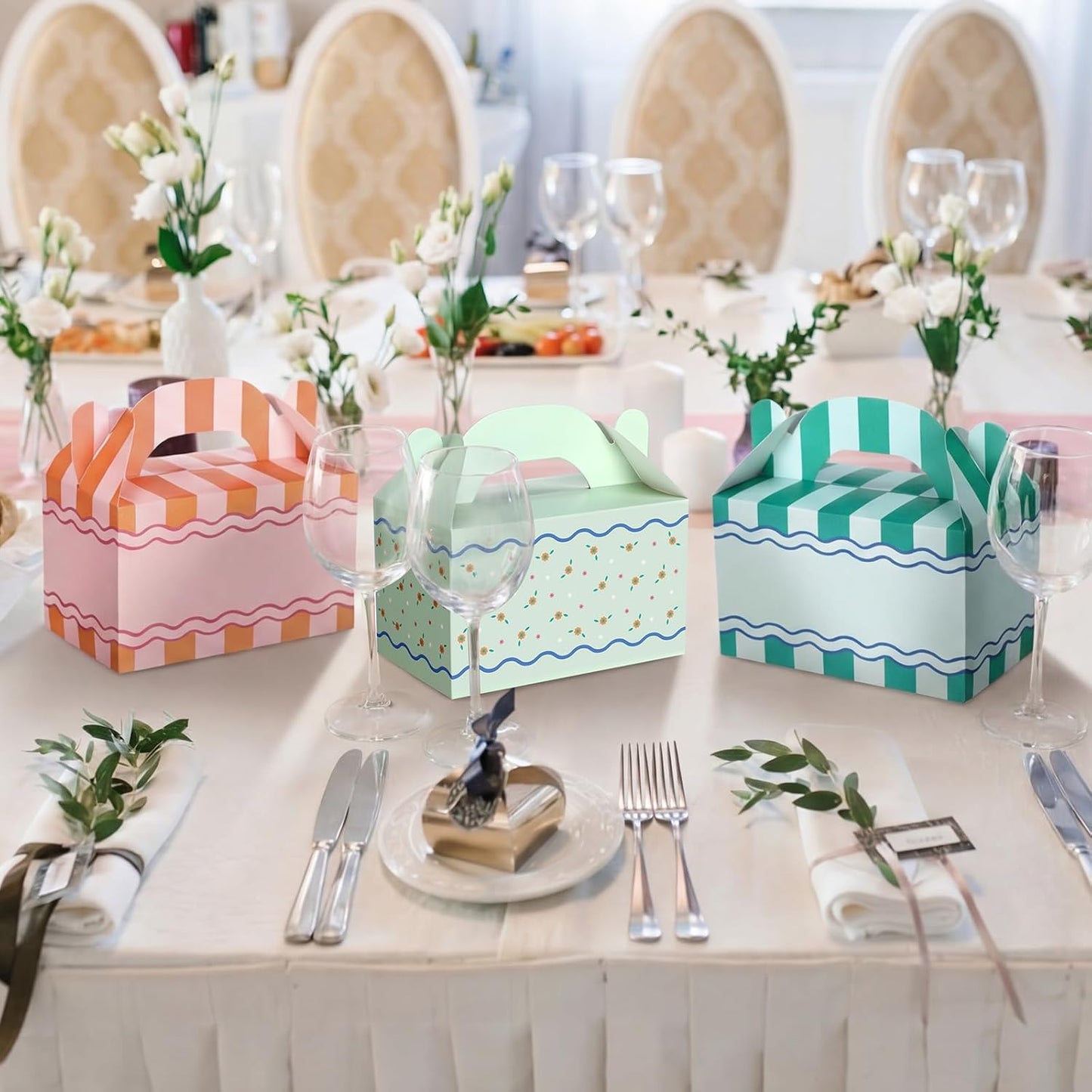 Novabright 24 Pcs Colorful Striped Party Favor Boxes Summer Pool Treat Gable Boxes with Handles Beach Stripe Gift Bags for Wedding Baby Shower Summer Pool Party Supplies