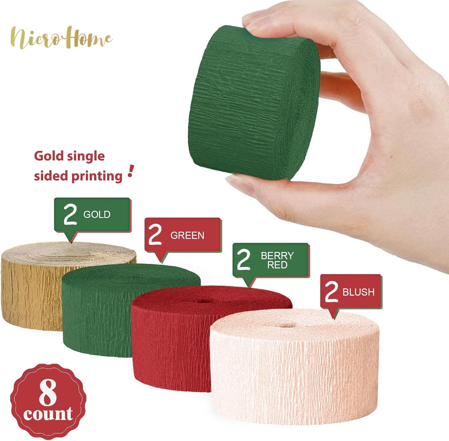 NICROHOME EUR Wedding Party Decorations, 8 Rolls Moss Sage Green Pink Crepe Paper Streamers for Boho Baby Shower, Wedding, Engagement Party, Spring Party, Birthday Party Supplies, 82 ft Long