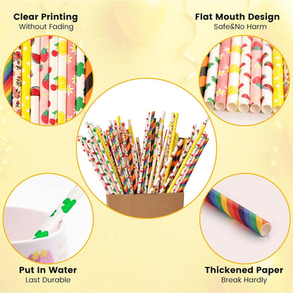 HAKACC 180PCS Paper Straws for Drinking, 9 Different Patterns Party Straws Disposable Drinking Straws for Birthday Wedding Holiday DIY Decorations