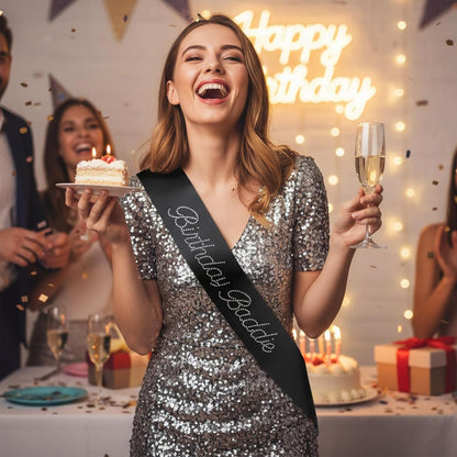 Birthday Sash for Women Birthday Baddie Sash Glitter Black Birthdays Sashs Funny Birthdays Sashs with Glitter Rhinestones Decorations for Women Funny Baddie Decorations Party Supplies