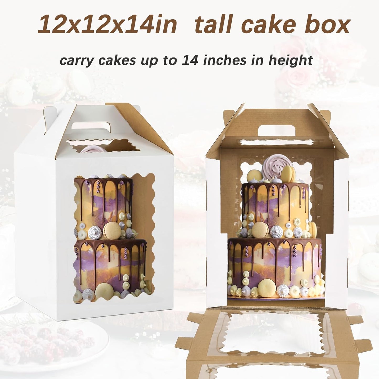3 Pack 12in Tall Cake Boxes for Tier Cakes, 12x12x14 Inch Tiered Cake Box,Tall Cake Carrier with Window, 10in 12in Large Tierd Bakery Take Out Transport Containers with Handle