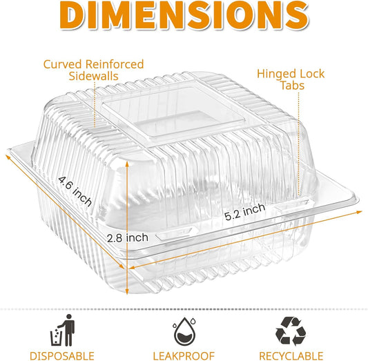 Zezzxu 50 Pack Clear Plastic Take Out Food Containers, Square Cake Slice Containers with Hinged Lids, Disposable To Go Boxes for Cookies, Desserts, Fruits, Salads, Sandwiches