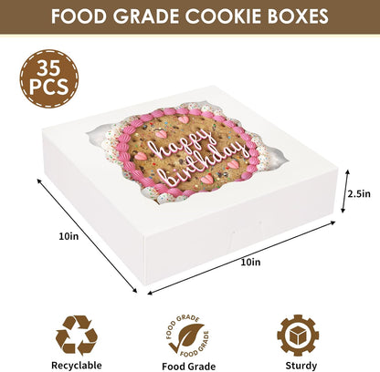 Moretoes 35pcs Bakery Boxes, 10x10x2.5 Inches Auto-Popup Cookie Boxes with Window for Pie, Cookie Cake, Treats, Pastries, Chocolate Covered Strawberries