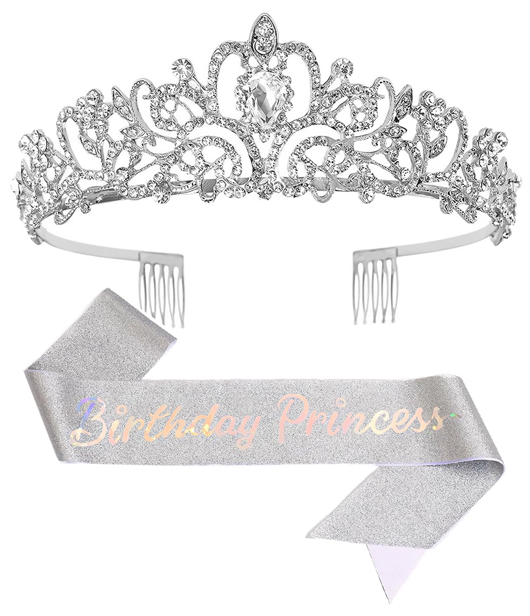 Birthday Tiara Crown with Sash for Women, Headband Hair Accessories for Wedding Party Costume