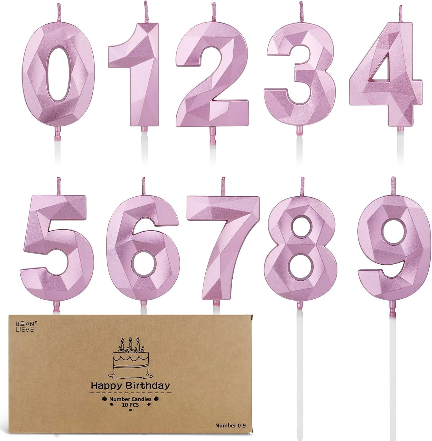 BEAN LIEVE Number Candles 0-9 Set - 10-Pack Diamond-Cut Birthday Candles, Cake Candles - Bulk Cake Decor for 1st-98th Birthdays, Photos, Parties - Kids Women Family Celebrations (Champagne Gold)