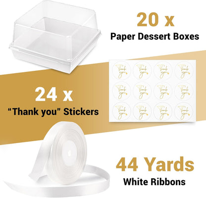 Ocmoiy 7x7x4 Inches White Paper Cake Boxes with Clear Lids for 6 Inch Cakes, 20 Pack Square Disposable Cake Bakery Take Out Containers, To Go Dessert Boxes