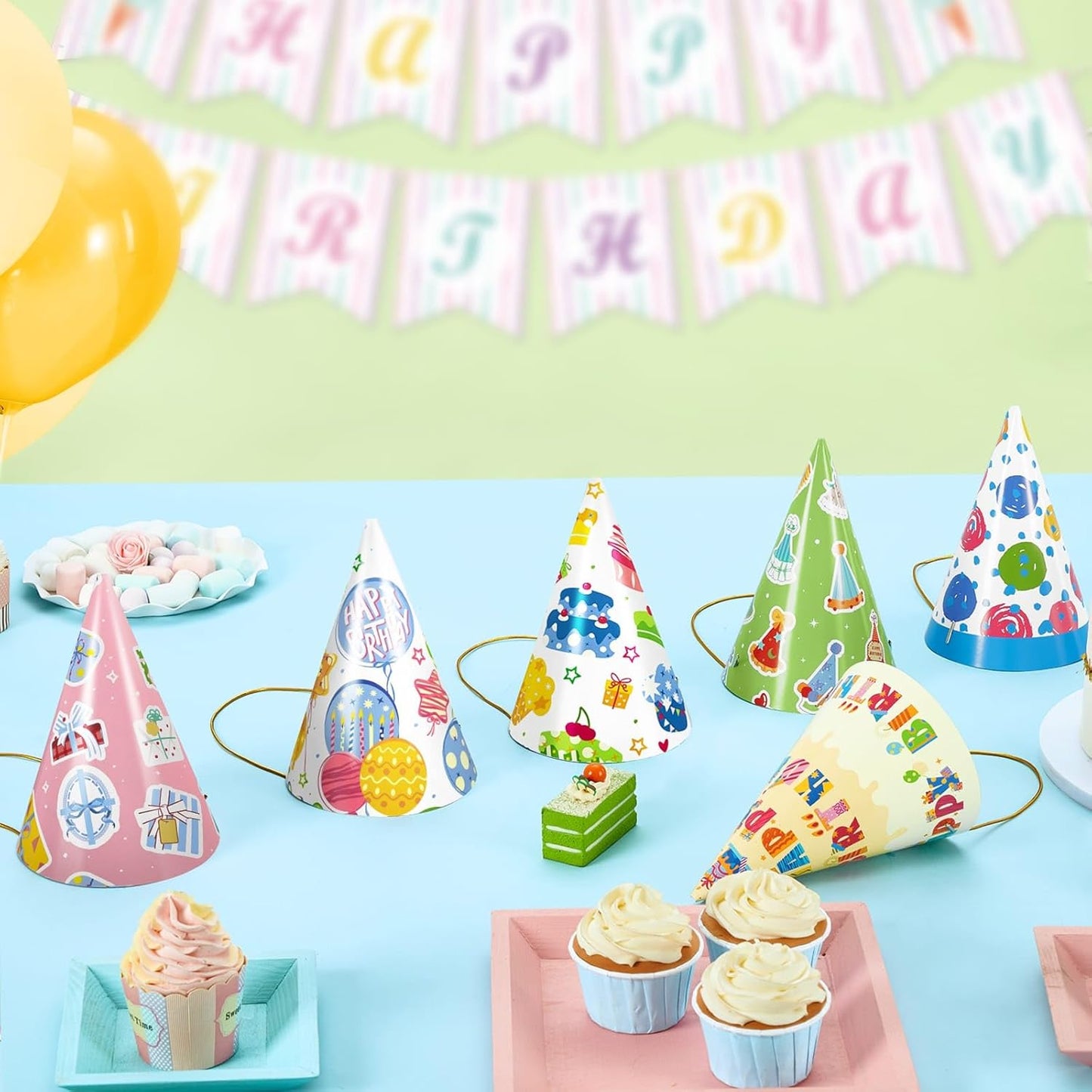 WERNNSAI Birthday Party Hats - 12 Pcs Birthday Party Supplies Cone Hat Headbands Colorful Paper Party Hats for Kids