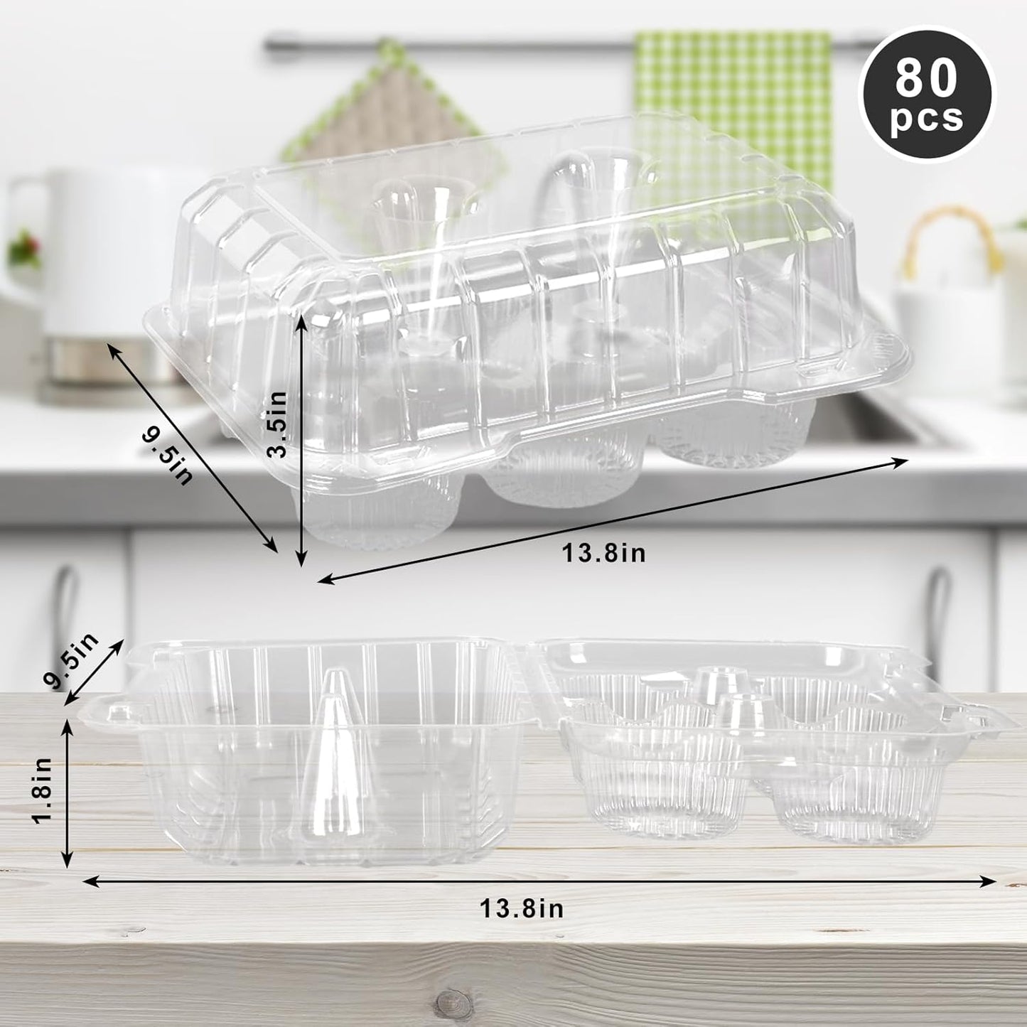 JarThenaAMCS 80 Pack Plastic Cupcake Containers 4-Compartment Clear Boxes Disposable Cupcake Tray Holders 4 Cavity Cupcakes Carriers with Deep Dome for Muffin Packaging