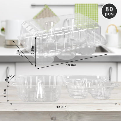JarThenaAMCS 80 Pack Plastic Cupcake Containers 4-Compartment Clear Boxes Disposable Cupcake Tray Holders 4 Cavity Cupcakes Carriers with Deep Dome for Muffin Packaging