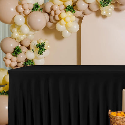 HolidayIdeas 2 Pack Spandex Table Skirt for 6 Ft Rectangle Tables, Black Fitted Stretch Tablecloth 30 x 72 Inch, Wrinkle Resistant Ruffle Design for Wedding Banquets, Trade Shows, Parties