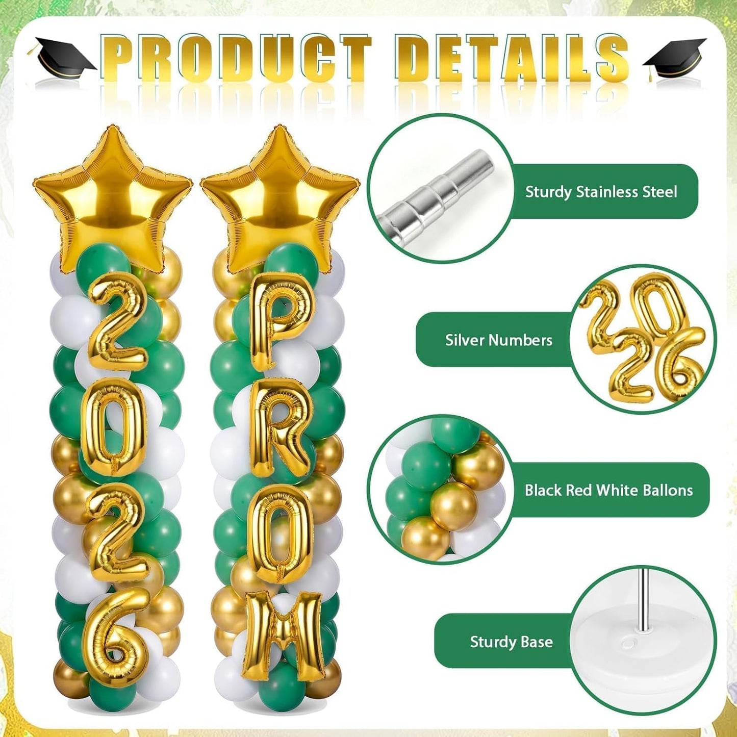 2 Sets Graduation Balloon Column Stand Kits with Balloons 2026 Grad Themed Decoration Navy Blue Balloon Tower Stand Kit for Grad High School & College Celebration Party Decor