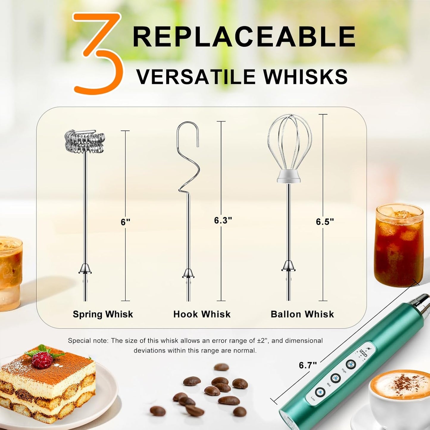 YUSWKO Black Handheld Milk Frother Wand for Coffee, Rechargeable Electric Whisk with 3 Heads 3 Speeds Drink Mixer Coffee Frother For Latte, Cappuccino, Hot Chocolate, Egg