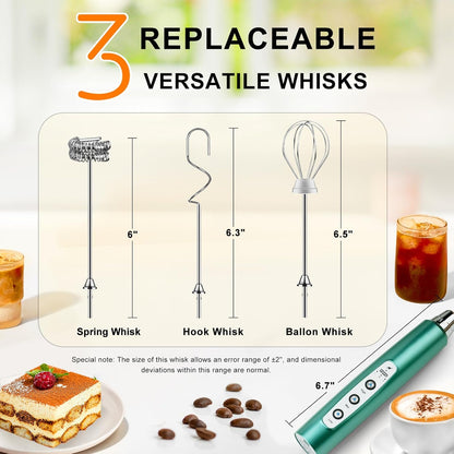 YUSWKO Black Handheld Milk Frother Wand for Coffee, Rechargeable Electric Whisk with 3 Heads 3 Speeds Drink Mixer Coffee Frother For Latte, Cappuccino, Hot Chocolate, Egg