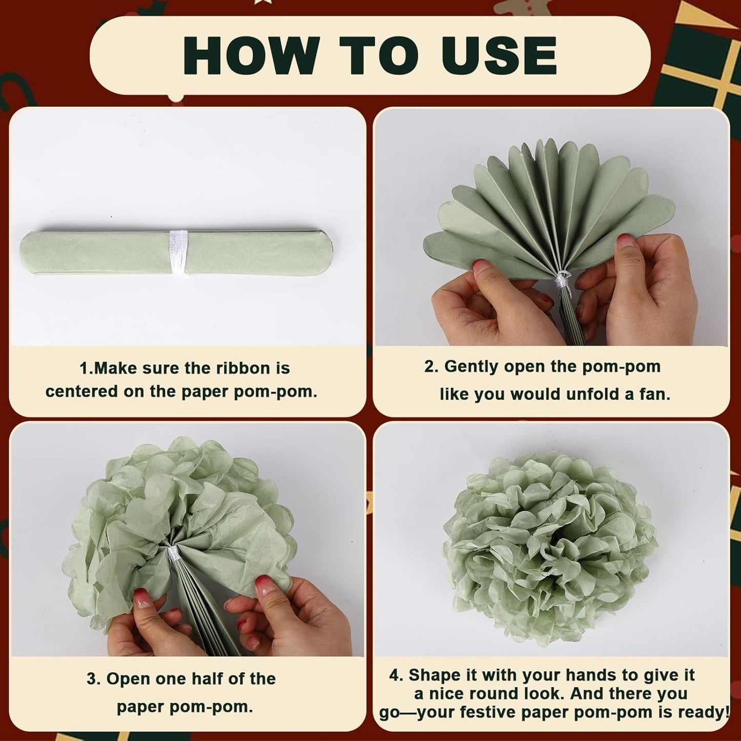 BestoFun 16 PCS Sage Green Party Decorations Tissue Paper Flowers Christmas Party Decors Hanging Pom Poms Decorations for Xmas New Year Winter Holiday Decorations