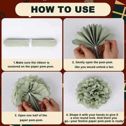BestoFun 16 PCS Sage Green Party Decorations Tissue Paper Flowers Christmas Party Decors Hanging Pom Poms Decorations for Xmas New Year Winter Holiday Decorations