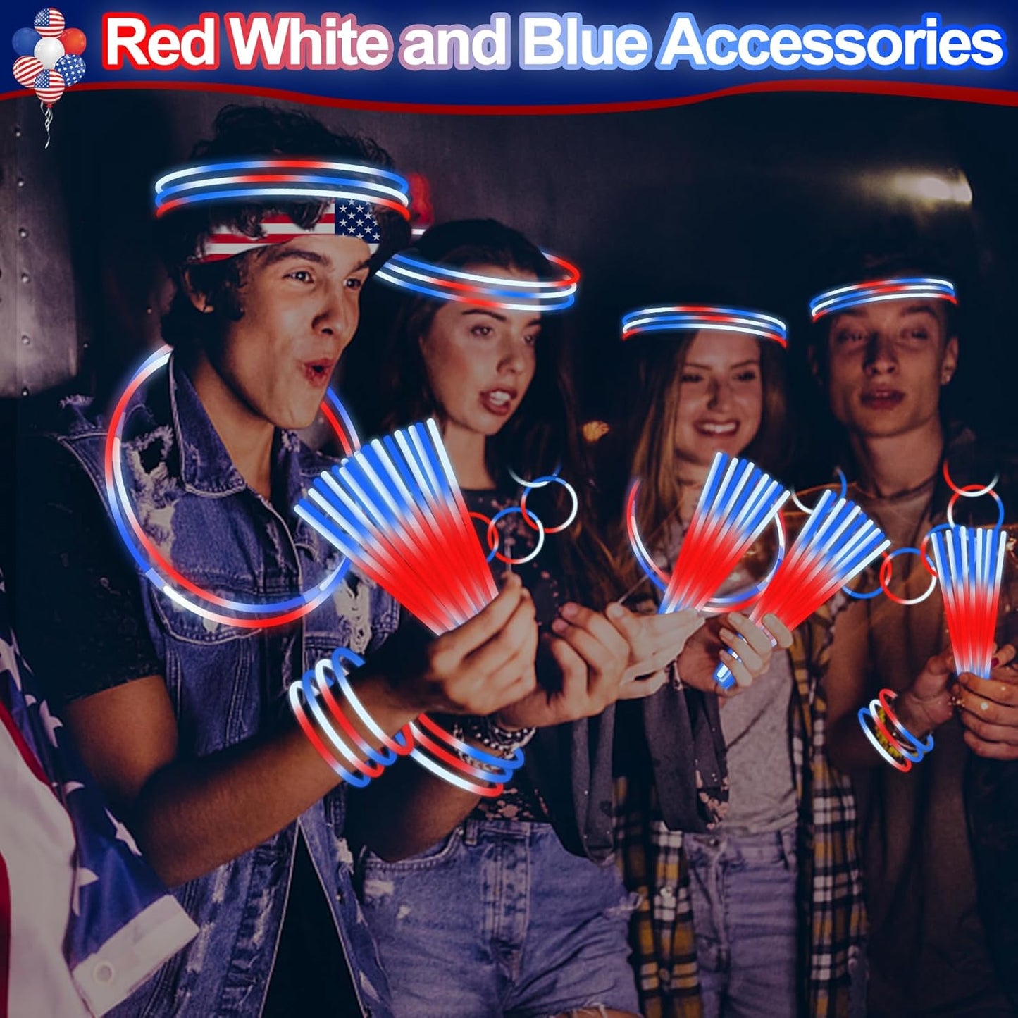 100 Pcs 4th of July Party Favors Glow Sticks with Connectors,Patriotic Glow Stick Red White Blue 3 in 1 Glow Bracelets and Necklaces 4th of July Accessories for Independence Day 250th Anniversary