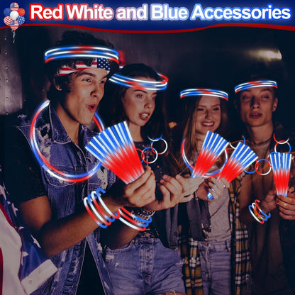 100 Pcs 4th of July Party Favors Glow Sticks with Connectors,Patriotic Glow Stick Red White Blue 3 in 1 Glow Bracelets and Necklaces 4th of July Accessories for Independence Day 250th Anniversary