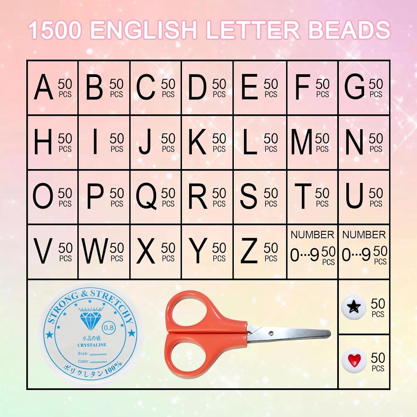 Amaney 1400pcs Glow Letter Beads, Heart Beads Whit Elastic Beading Cord,4x7mm Round Acrylic Alphabet Beads for Friend Bracelet Jewelry Making