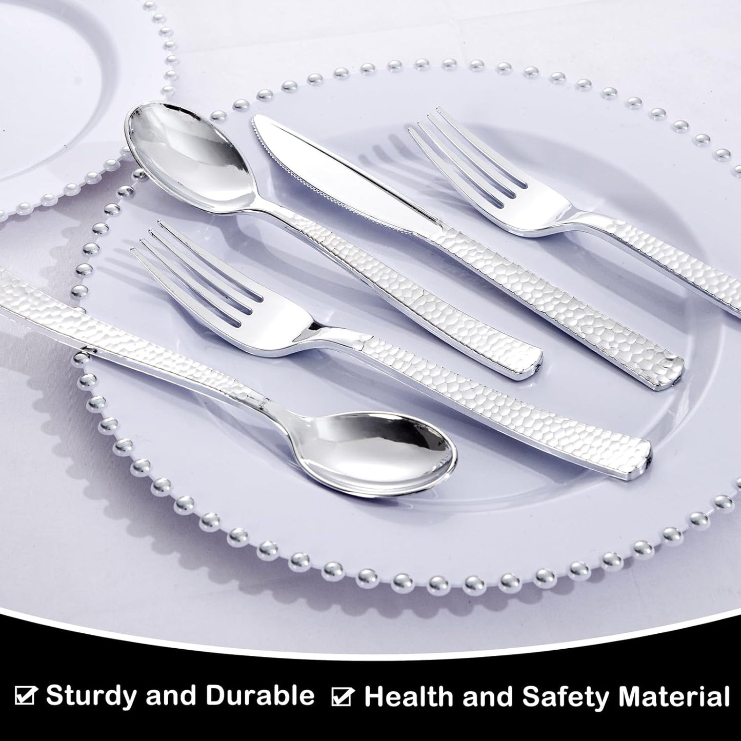 Supernal 180Pcs Silver Plastic Silverware Set, Elegant Hammered Design Heavy Duty Disposable Cutlery, Includes 60 Forks, 60 Knives, 60 Spoons,Silver Plastic Utensils for Wedding, Parties,Events