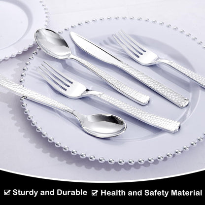 Supernal 180Pcs Silver Plastic Silverware Set, Elegant Hammered Design Heavy Duty Disposable Cutlery, Includes 60 Forks, 60 Knives, 60 Spoons,Silver Plastic Utensils for Wedding, Parties,Events