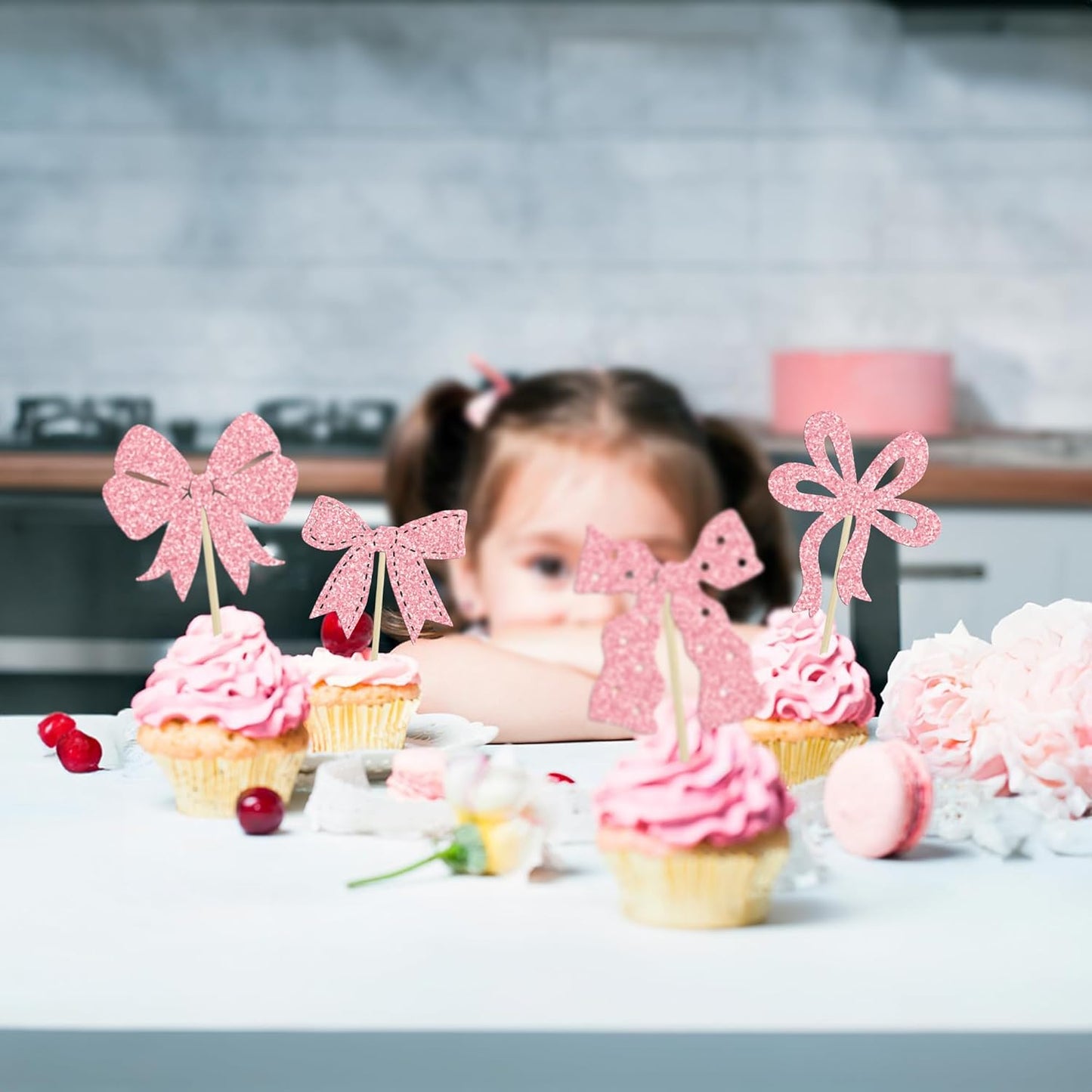 Ephlyn 24Pcs Pink Bow Cupcake Toppers Bow Birthday Cake Topper Girls Birthday Party Decorations Bowknot Cupcake Decorations for Bridal Wedding Themed Party Multi