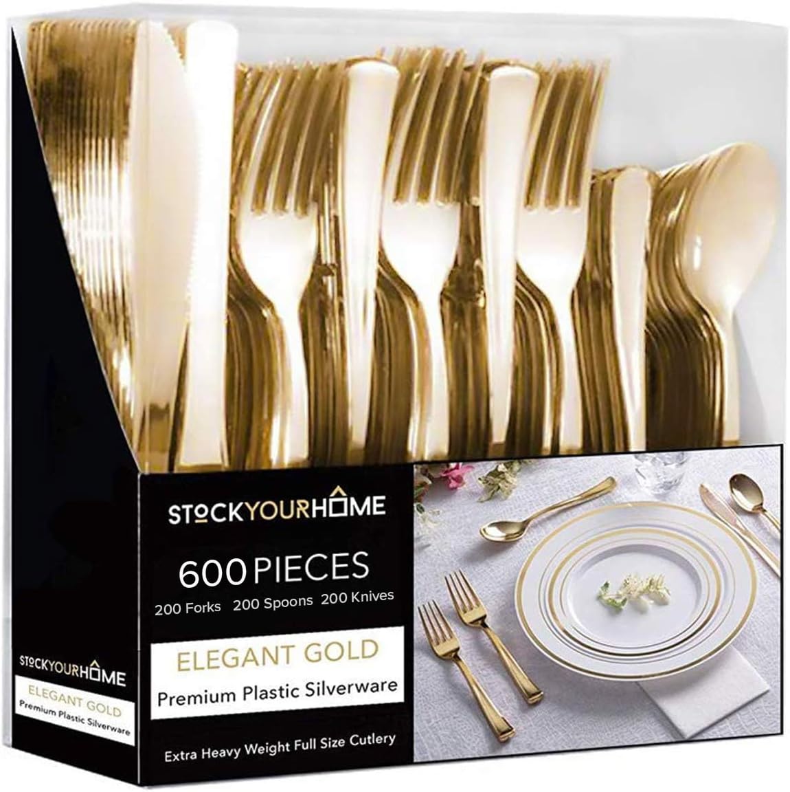 Gold Plastic Silverware Set (160 Bulk Pack) Disposable Cutlery Utensils, 80 Gold Forks, 40 Gold Knives, 40 Gold Spoons, Heavy Duty Flatware For Holidays, Parties, Dinners, Weddings, and Occasions