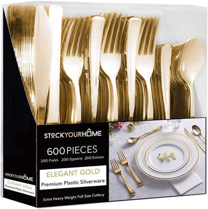 Gold Plastic Silverware Set (160 Bulk Pack) Disposable Cutlery Utensils, 80 Gold Forks, 40 Gold Knives, 40 Gold Spoons, Heavy Duty Flatware For Holidays, Parties, Dinners, Weddings, and Occasions