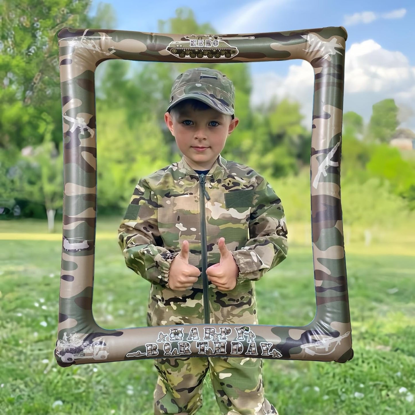 Army Soldier Theme Birthday Party Inflatable Selfie Photo Frame Military Camouflage Blow up Picture Frame Party Supplies for Army Lovers Fans Birthday Field Battle Party