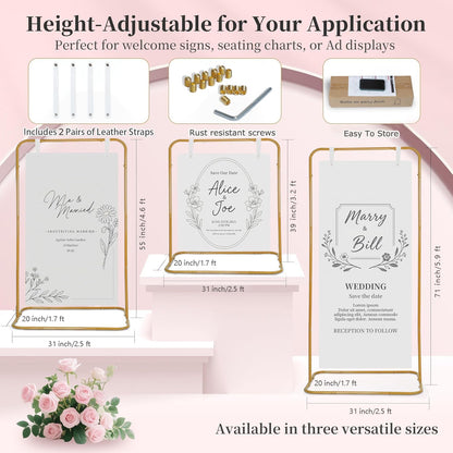 Sign holder, Adjustable Wedding Sign Holder, Welcome Sign Stand With Leather Sign Hanging Straps, 71”x31”x 20” Heavy Duty Ease Sign Stand for Wedding, Bridal Shower, Birthday Party, Baby Shower or Any Event (Gold, M)