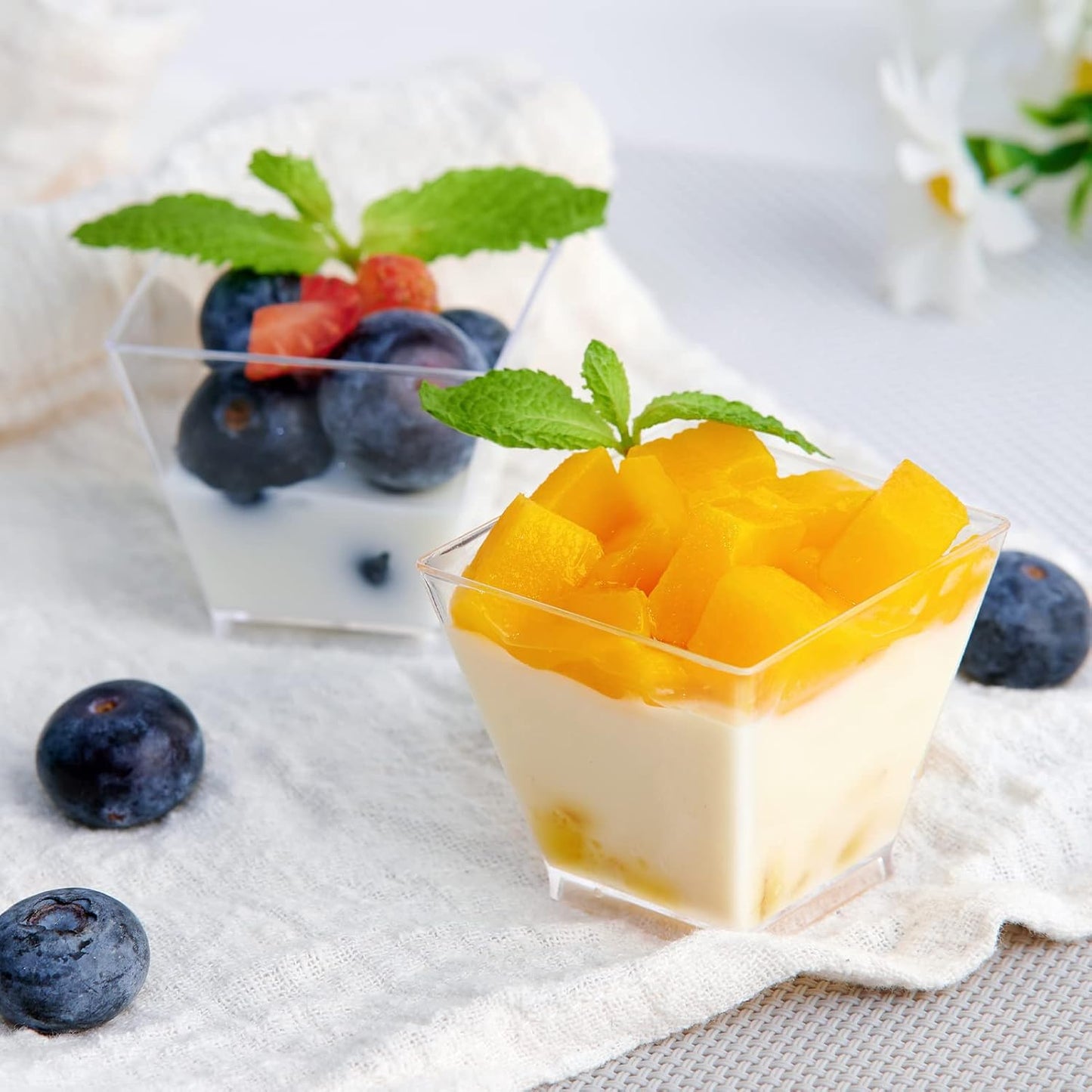 JOLLY CHEF 100 Pack 3 oz Square Mini Dessert Cups with Spoons, Clear Plastic Parfait Appetizer Cup, Small Plastic Dessert Serving Bowl for Tasting Party