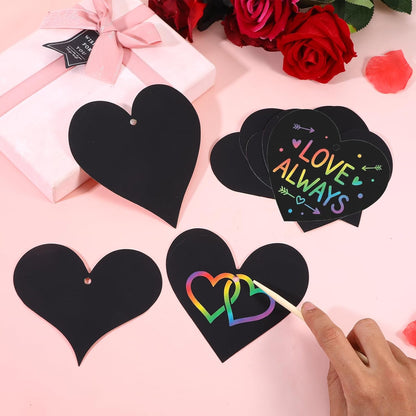 ShioShin 42 Pack Valentine's Day Rainbow Scratch Paper, DIY Rainbow Scratch Art, Scratch Art Party Favors with Wooden Styluses and Pieces Ribbons, Valentines Crafts for Creative Gifts Holiday Decor