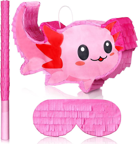 Sratte Pink Axolotl Piñata Cute Axolotl Party Supplies Piñata with Blindfold and Bat Party Decorations for Birthday Fiesta Supplies, 14.96 x 9.45 x 2.95 inch
