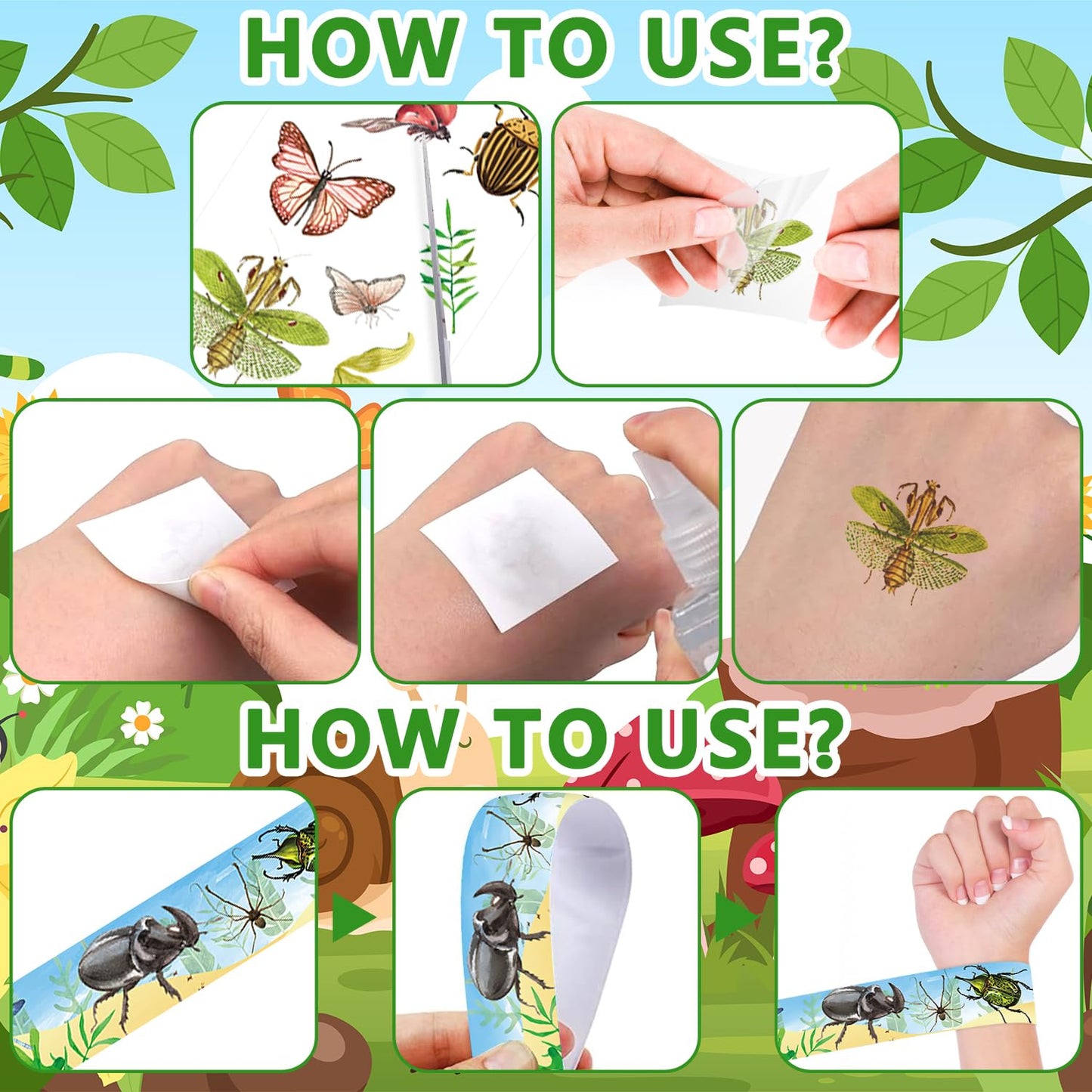 60PCS Bugs Party Set, 30PCS Temporary Tattoos, 30PCS Slap Bracelets, Insect Themed Birthday Supplies, Garden Reptile Party decoration, Baby Shower Gifts, Classroom Rewards, Decor for Kids