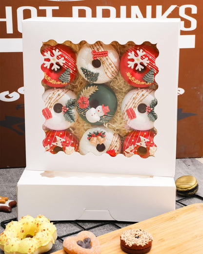 qiqee 8x8x2.5 Inch White Pastry Box With Window Donut Pie Boxes 12pcs Bakery Box (Auto-pop Up)