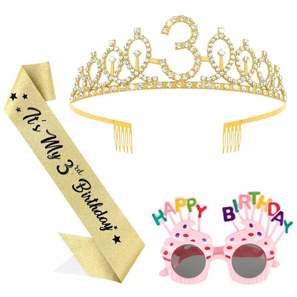 YARIEW 3rd Birthday Decorations, 3rd Glitter Purple Sash and Crown Kit with Happy Birthday Sunglasses, Tiara Princess Crown and Sash Party Outfit Accessory