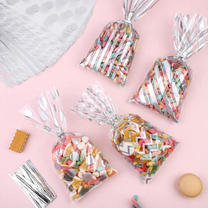 Aodaer 100 Pieces 10.6 x 5.1 In White Cellophane Bags Plastic Candy Gift Bag Cellophane Treat Bags with Twist Ties Stripes Polka Dot Printed Pattern Goodie Bag for Birthday Weddings Party Favors