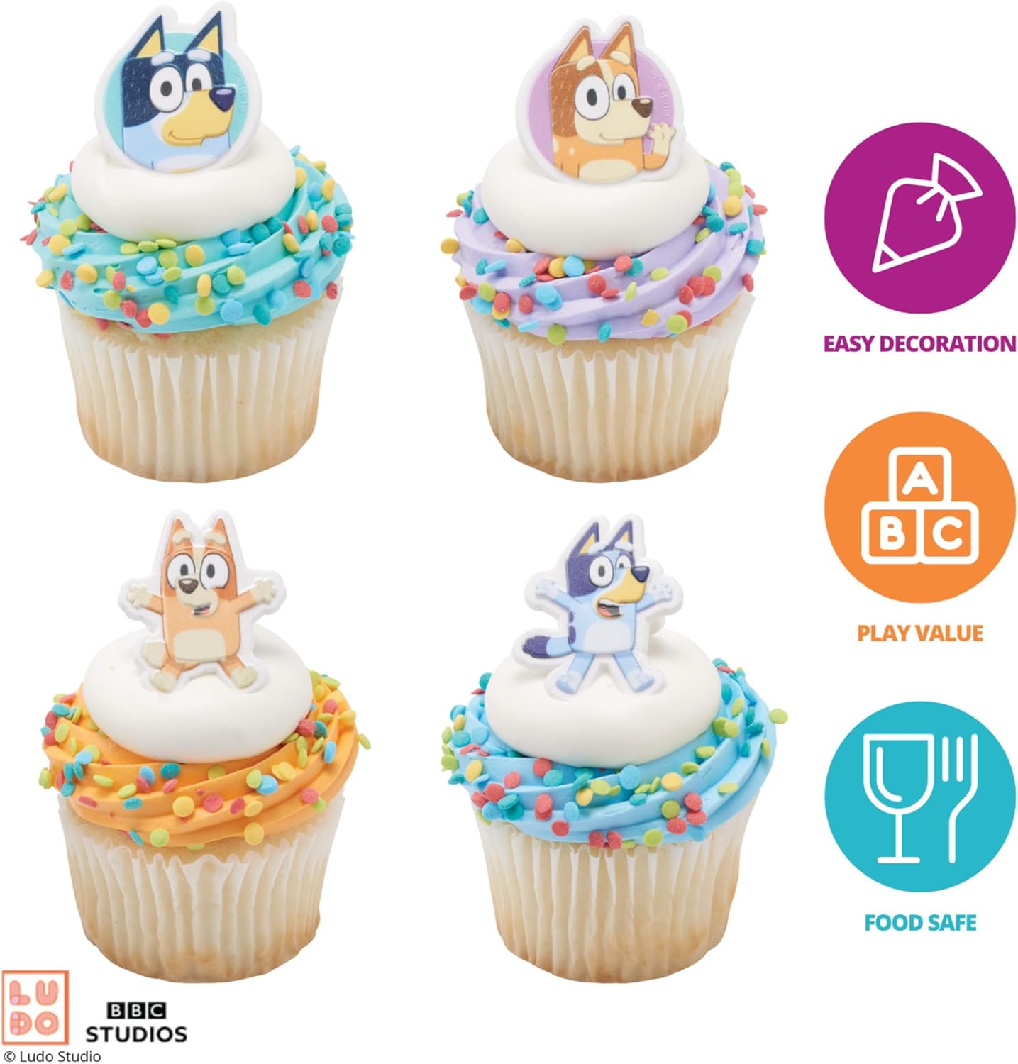 DecoPac Bluey So Much Fun Rings, 24 Cupcake Decorations Featuring Bluey, Bingo, Bandit, and Chilli, 3D Food Safe Cake Toppers – 24 Pack