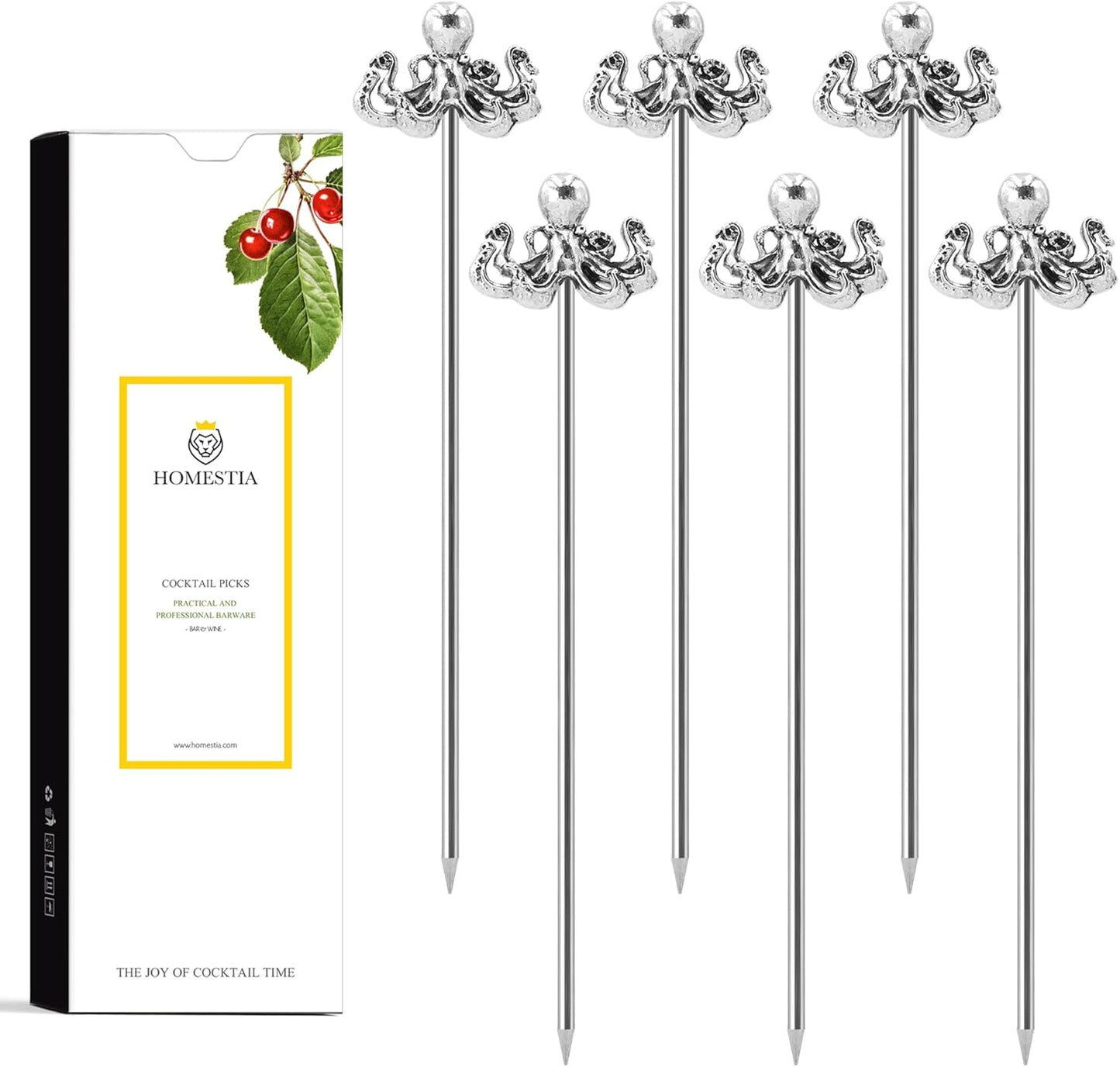 Homestia Stainless Steel Cocktail Picks, 4.7 Inch Reusable Martini Olive Picks, Metal Garnish Skewers for Drinks, Appetizers, Bloody Mary - Set of 6 Metal Cocktail Picks for Party Bar