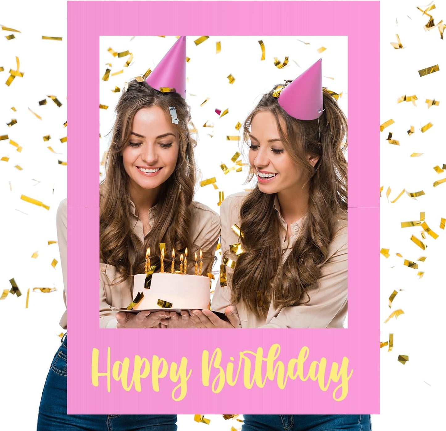 Beeveer 32 x 24 Inch Extra Large Happy Birthday Photo Booth Selfie Frame Props Picture DIY Cutouts Photo Backdrop Cardboard Props for Party Supplies Favors(Vertical,Shiny Gold)