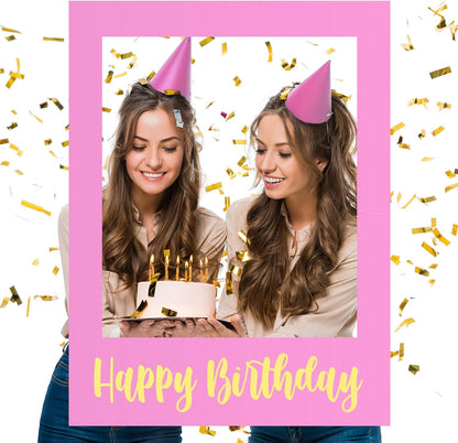 Beeveer 32 x 24 Inch Extra Large Happy Birthday Photo Booth Selfie Frame Props Picture DIY Cutouts Photo Backdrop Cardboard Props for Party Supplies Favors(Vertical,Shiny Gold)