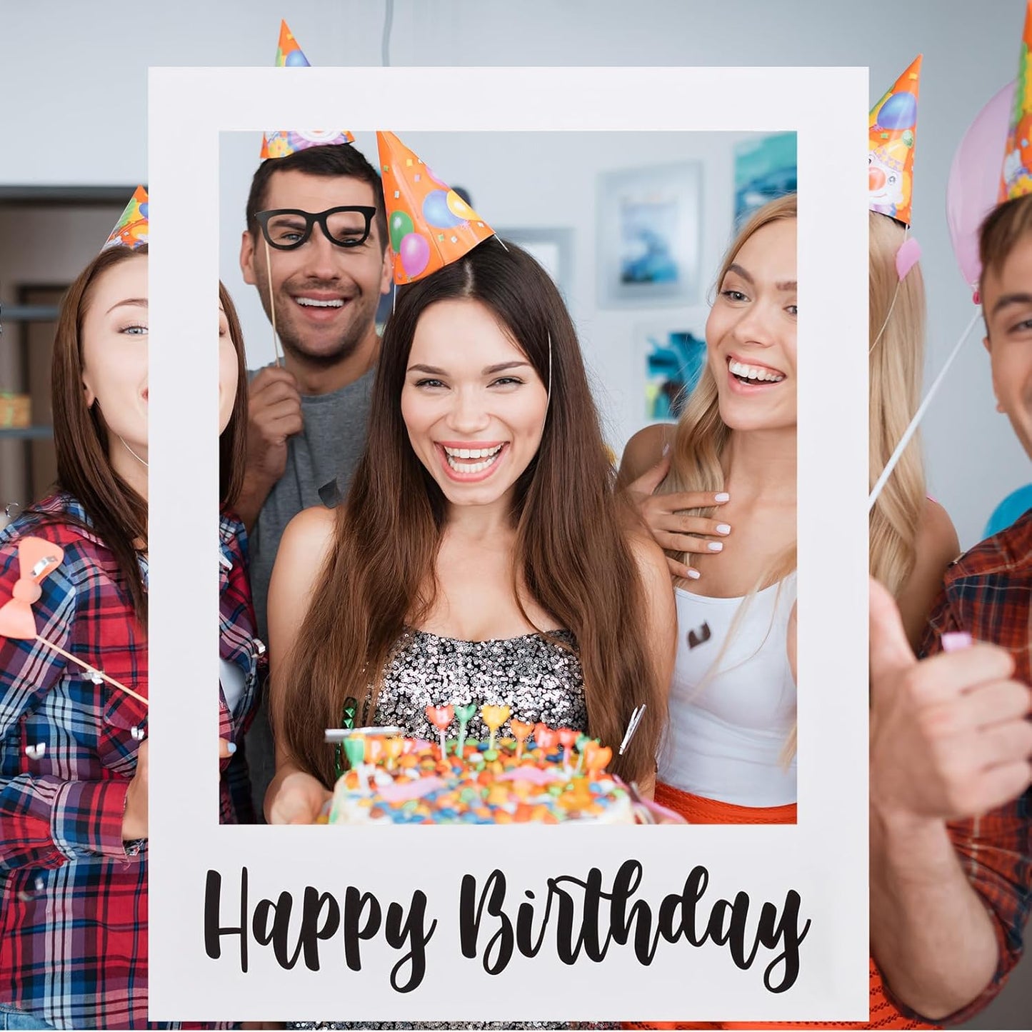 Beeveer 32 x 24 Inch Extra Large Happy Birthday Photo Booth Selfie Frame Props Picture DIY Cutouts Photo Backdrop Cardboard Props for Party Supplies Favors(Vertical,Shiny Gold)