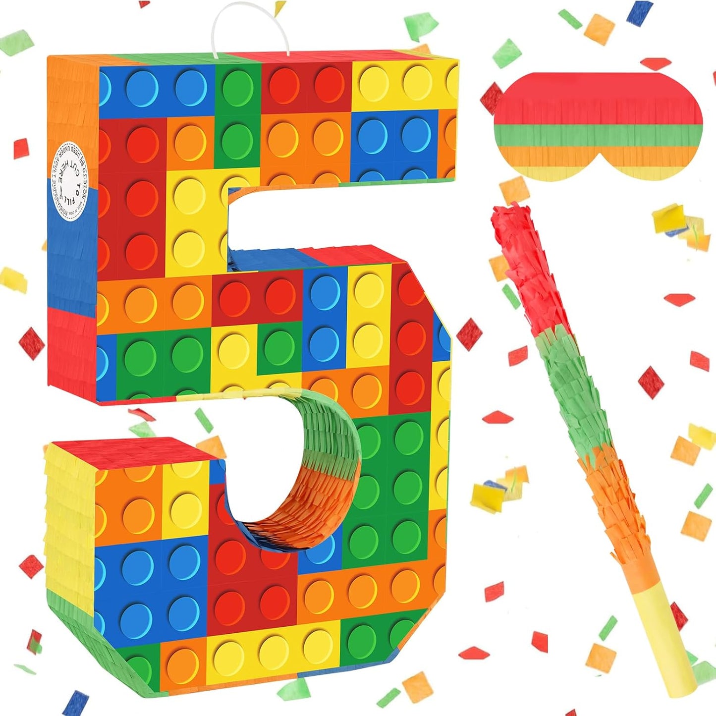 Number 7 Pinata Building Blocks with Pinata Stick Blindfold 7th Birthday Party Decorations Happy Birthday Building Block Theme Anniversary Party Supplies for Kids (Small, 16 x 10.6 x 3 in)
