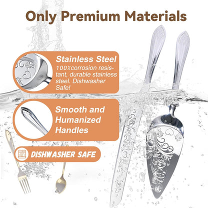 KSENDALO Wedding Cake Knife and Server Set, Rose Gold Serrated Knife Cake Cutting Set, Deluxe SUS304 Stainless Steel for Weddings, Birthdays & Anniversary (13.78inch Long)